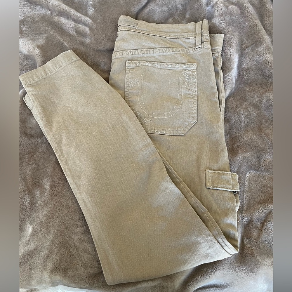 True Religion Men's Mick Skinny Drawcord Jogger Denim Jeans w/ Rips in Khaki